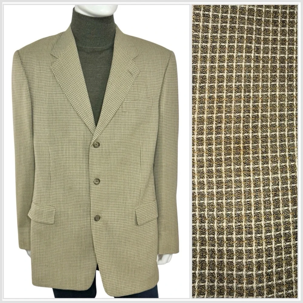 JACK VICTOR‎ Montreal Mens Virgin Wool Grid Tweed Sport Coat Blazer Tan Size 46R